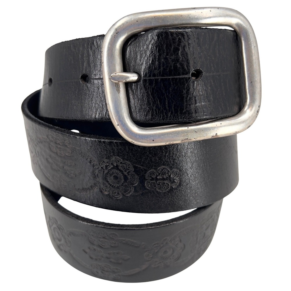 Lucky Brand Mens 38 Tooled Leather Belt Black Floral Embossed Silver Buckle